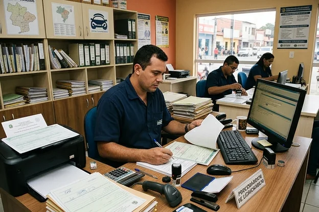 Profissional atuando no licenciamento de veículo, mostrando documentos pertinentes.