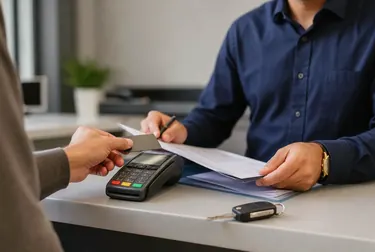 Profissional auxiliando cliente no pagamento de débitos de veículo, com atenção aos detalhes.