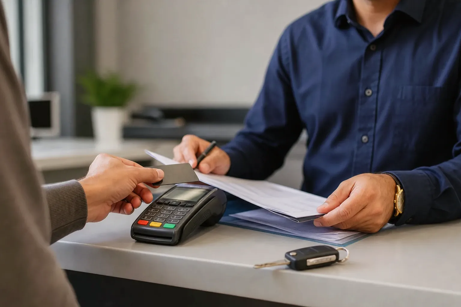 Profissional auxiliando cliente no pagamento de débitos de veículo, com atenção aos detalhes.