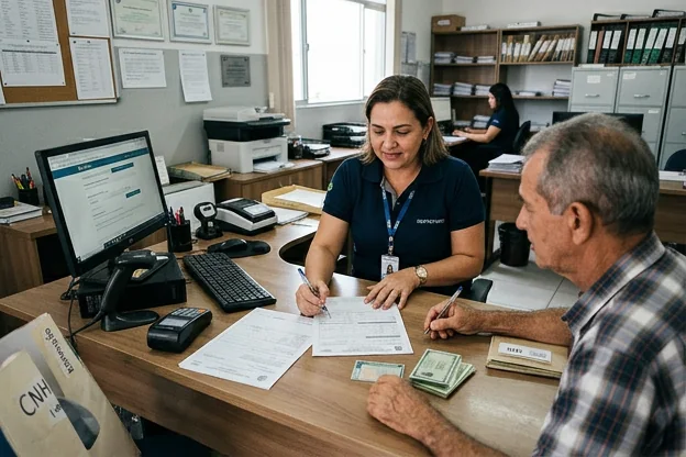 Profissional auxiliando cliente no processo de renovação da CNH, com documentos necessários.