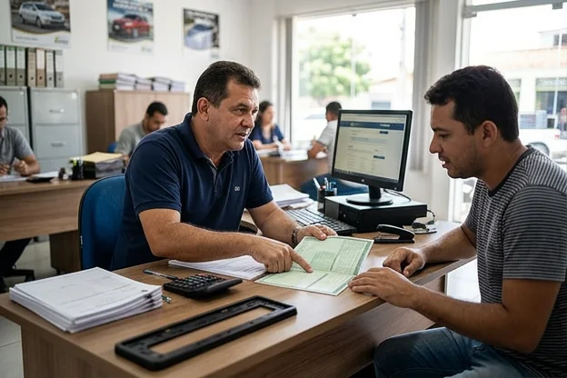 Profissional explicando processo de transferência de veículo para cliente, documentos visíveis.
