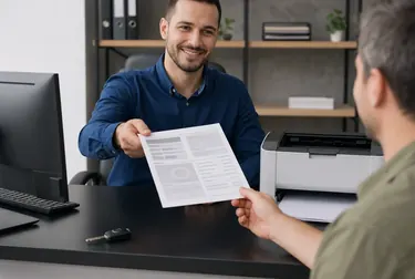Profissional imprimindo CRLV-e em ambiente de escritório, focado em documentação veicular.