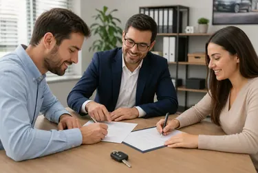 Profissional orientando cliente sobre transferência de veículo, com documentação em mãos.