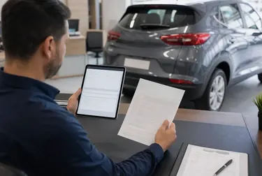 Profissional realizando licenciamento de veículo, verificando documentos necessários.